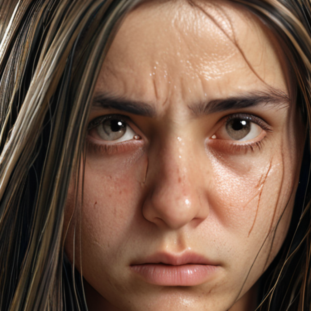 **

Damaged hair close-up, sad expression, with a reflection showing healthy, shiny hair; focus on transformation and hope.

**