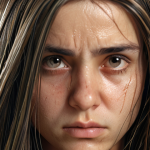 **

Damaged hair close-up, sad expression, with a reflection showing healthy, shiny hair; focus on transformation and hope.

**