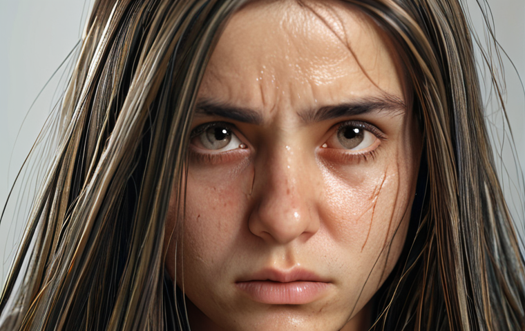 **

Damaged hair close-up, sad expression, with a reflection showing healthy, shiny hair; focus on transformation and hope.

**