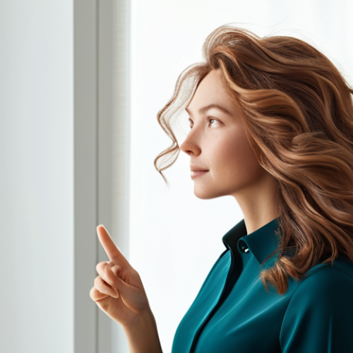 A professional woman in a modest, elegant top, gracefully running her fingers through her light, voluminous, and naturally shiny hair. Her expression is calm and confident, highlighting the health and vitality of her hair from the roots. The setting is a bright, clean, and modern beauty space with soft, diffused natural lighting.