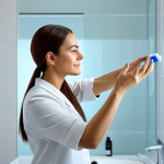 A calm professional woman in modest, comfortable attire, gently applying a scalp soothing spray to her hair part with focus. She stands in a brightly lit, clean bathroom with soft, indirect light, conveying a sense of self-care and relief. The atmosphere is peaceful and serene. fully clothed, appropriate attire, safe for work, perfect anatomy, correct proportions, natural pose, well-formed hands, proper finger count, natural body proportions, professional photography, high quality, family-friendly.