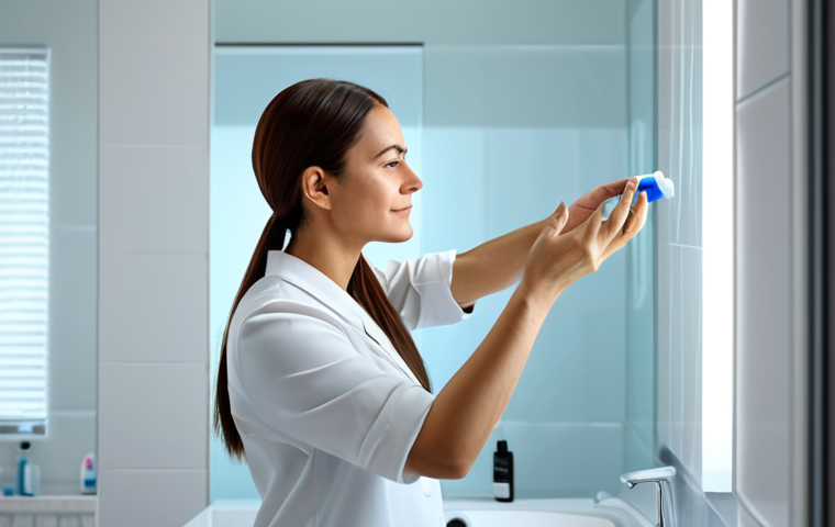 A calm professional woman in modest, comfortable attire, gently applying a scalp soothing spray to her hair part with focus. She stands in a brightly lit, clean bathroom with soft, indirect light, conveying a sense of self-care and relief. The atmosphere is peaceful and serene. fully clothed, appropriate attire, safe for work, perfect anatomy, correct proportions, natural pose, well-formed hands, proper finger count, natural body proportions, professional photography, high quality, family-friendly.