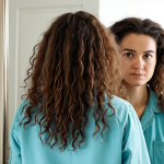 **

"A woman with long, damaged hair looking despairingly at a mirror. The hair is dry, frizzy, and lacking shine. She is fully clothed in a comfortable, modest home outfit. The background is a simple bathroom setting. Safe for work, appropriate content, fully clothed, professional quality, natural proportions, perfect anatomy, family-friendly. Focus on the hair's condition before treatment."

**