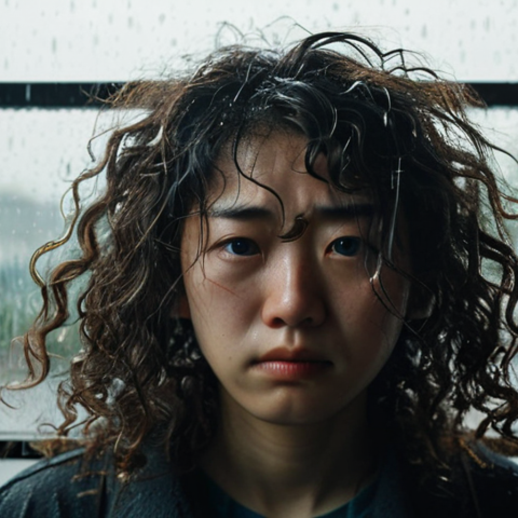 곱슬머리 전용 헤어크림 추천 - The "Before" Scenario - Humid Day Frustration**
A close-up, photorealistic portrait of a young Japan...