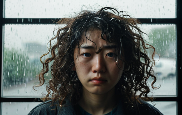 곱슬머리 전용 헤어크림 추천 - The "Before" Scenario - Humid Day Frustration**
A close-up, photorealistic portrait of a young Japan...