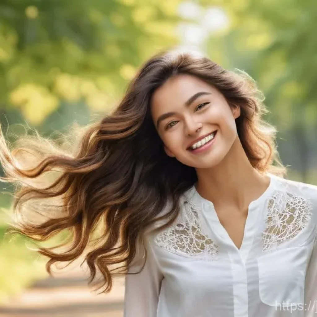 실리콘 프리 트리트먼트 추천 - A vibrant, happy young woman with beautifully voluminous and naturally flowing hair that radiates he...