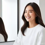 손상모 관리용 세라믹 고데기 추천 - **A young woman, aged 20s-30s, with a radiant, natural smile, is styling her medium-length, dark bro...