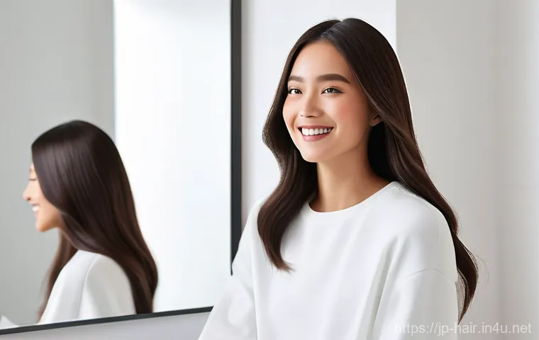 손상모 관리용 세라믹 고데기 추천 - **A young woman, aged 20s-30s, with a radiant, natural smile, is styling her medium-length, dark bro...