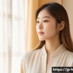 퍼스널 컬러에 맞는 염색약 추천 - A modern Japanese woman with warm spring-type personal coloring, wearing a stylish light peach blous...