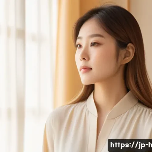 퍼스널 컬러에 맞는 염색약 추천 - A modern Japanese woman with warm spring-type personal coloring, wearing a stylish light peach blous...