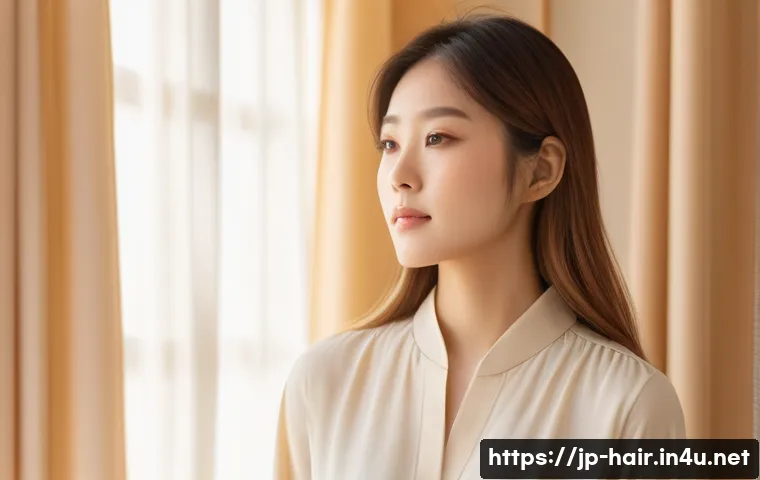 퍼스널 컬러에 맞는 염색약 추천 - A modern Japanese woman with warm spring-type personal coloring, wearing a stylish light peach blous...