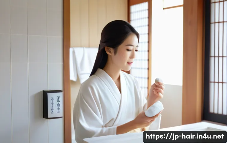 염색 유지 트리트먼트와 헤어팩 차이 - A serene Japanese woman with smooth, freshly dyed hair, gently applying a lightweight treatment to h...