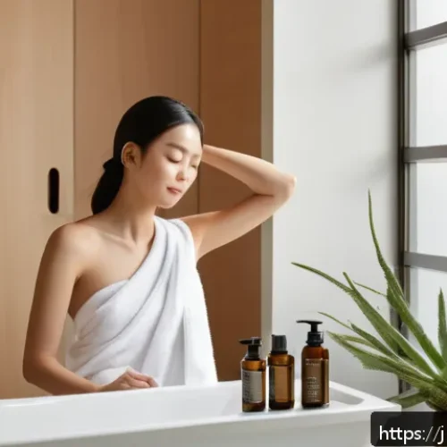 화학 성분 없는 두피 클렌징 제품 - A serene bathroom scene featuring a young Japanese woman with sensitive skin gently washing her scal...