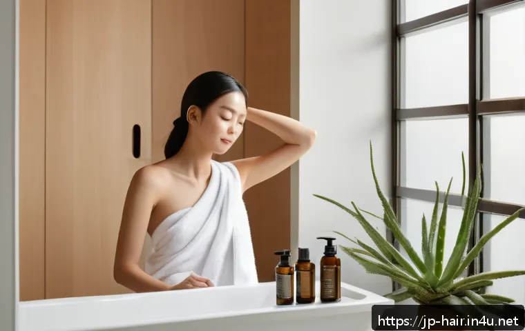 화학 성분 없는 두피 클렌징 제품 - A serene bathroom scene featuring a young Japanese woman with sensitive skin gently washing her scal...