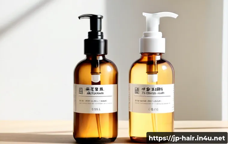 헤어 에센스와 헤어 오일 차이 - Photorealistic beauty comparison scene, two unbranded glass hair-care bottles on a clean pale wood v...